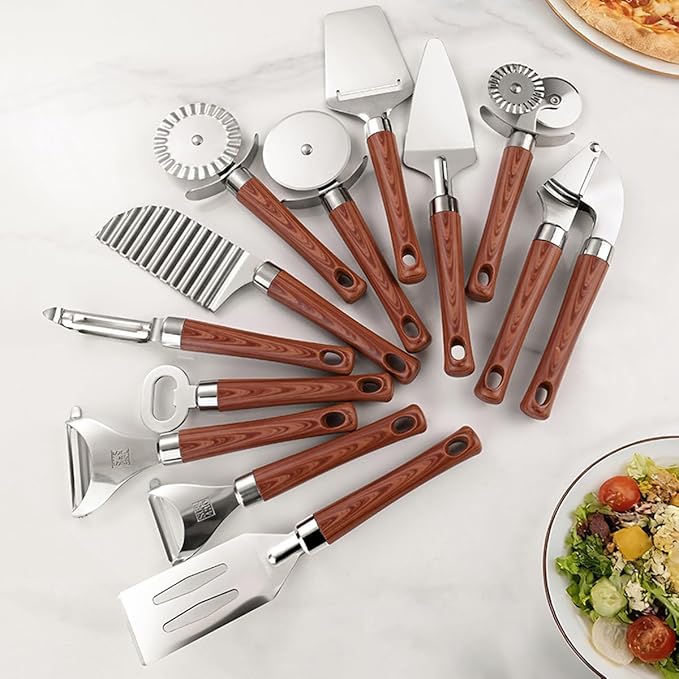 7-Piece Kitchen Tools and Gadgets Set with Wood Imitation Handle BRIIEC Stainless Steel Cooking Utensils Kitchen Accessories Includes Can Opener Garlic Press Peeler