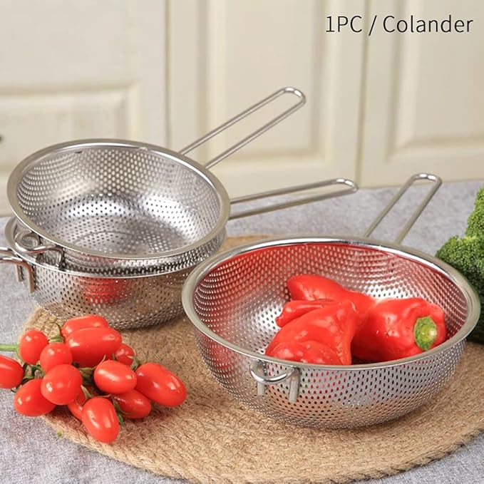 Stainless Steel Colander Fine Mesh Colander with Long Handle Micro-Perforated Colander Metal Strainer Kitchen Food Strainer for Fried Food Vegetable Fruit