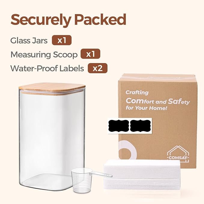 ComSaf 4.6Qt Glass Food Storage Containers, 1.2 Gallon Glass Flour and Sugar Containers with Airtight Lids, Large Square Jars with Bamboo Lids for Rice, Pasta, Oats, Grains, Cookies, Coffee Beans