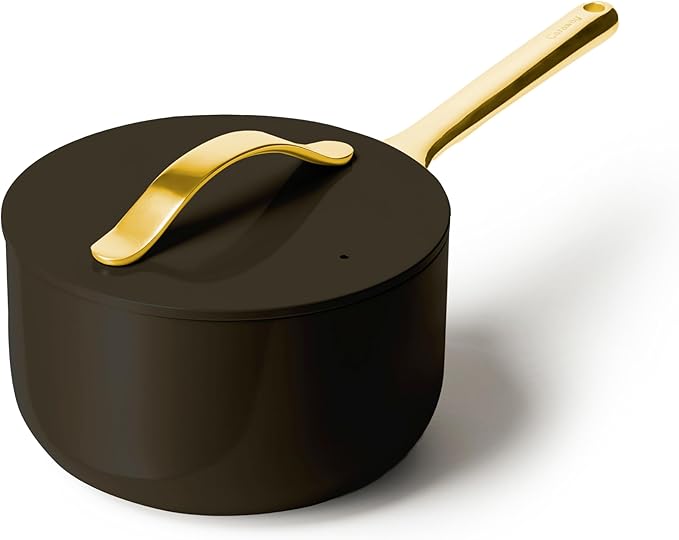 Caraway Nonstick Ceramic Sauce Pan with Lid (3 qt) - Non Toxic, PTFE & PFOA Free - Oven Safe & Compatible with All Stovetops (Gas, Electric & Induction) - Black