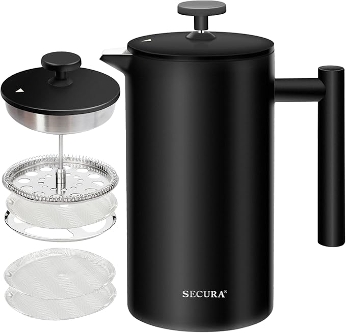 Secura French Press Coffee Maker, 304 Grade Stainless Steel Insulated Coffee Press with 2 Extra Screens, 34oz (1 Litre), Black