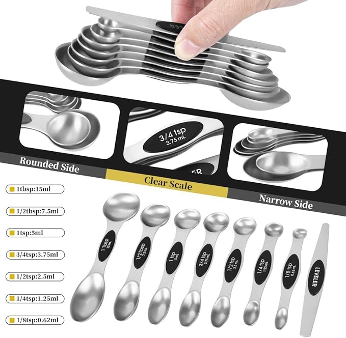 16 Pieces Measuring Cups and Magnetic Measuring Spoons Set Stainless Steel,8 Measure Cups with Silicone Handle and 7 Double Sided Magnetic Measure Spoons & 1 Leveler