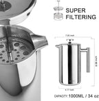 Secura French Press Coffee Maker, 304 Grade Stainless Steel Insulated Coffee Press with 2 Extra Screens, 34oz (1 Litre), Silver