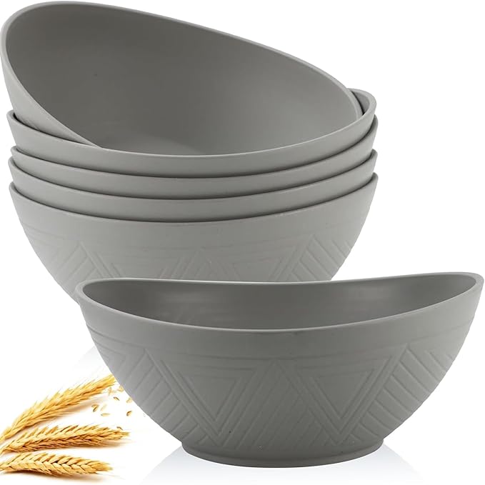 Homienly Wheat Straw Bowls, Large Salad Bowls Set of 6-60 OZ Serving Bowl for Kitchen, Camping, Party - Unbreakablke Microwave and Dishwasher Safe Big Cereal Bowl, Large Soup Bowl - Grey