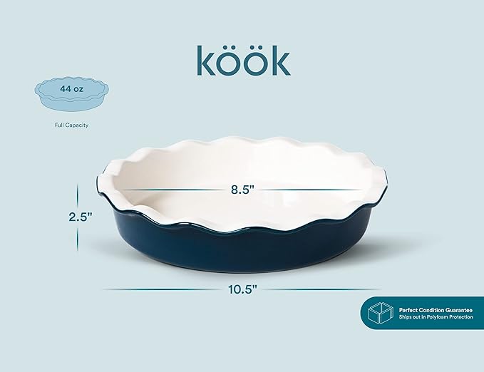 KooK Deep Dish Pie, Pecan Dessert Dish, Porcelain, Ceramic, Deep Dish Plate 10 Inch, Apple Pie, Ruffled Wave Edge, Reusable Round Pan, Oven and Dishwasher Safe, 44 Oz (Navy)