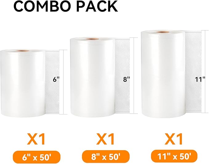 [2024 New] 6" x 50', 8" x 50' and 11" x 50' 3 Pack Rolls, Vacuum Sealer Rolls Bags for Food, Great for Food Storage, Sous Vide and Meal Prep, Wevac Lite