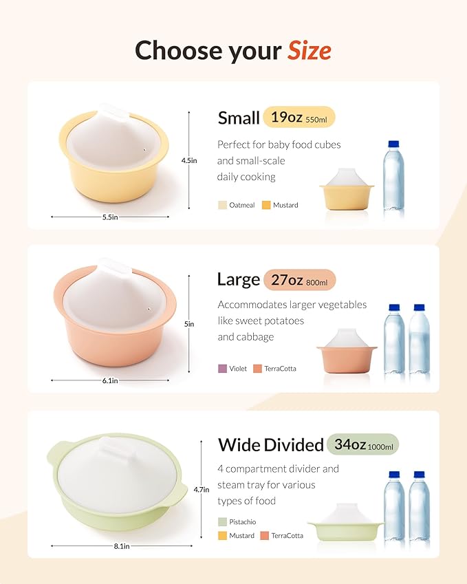 Moyuum Silicone Microwave Divided Steamer | Made in Korea, Baby Food Maker Bowl with 4 Compartment Divider and Steaming Tray, Steam Cooking Pot for Purees and Vegetables, Dishwasher Safe - Mustard