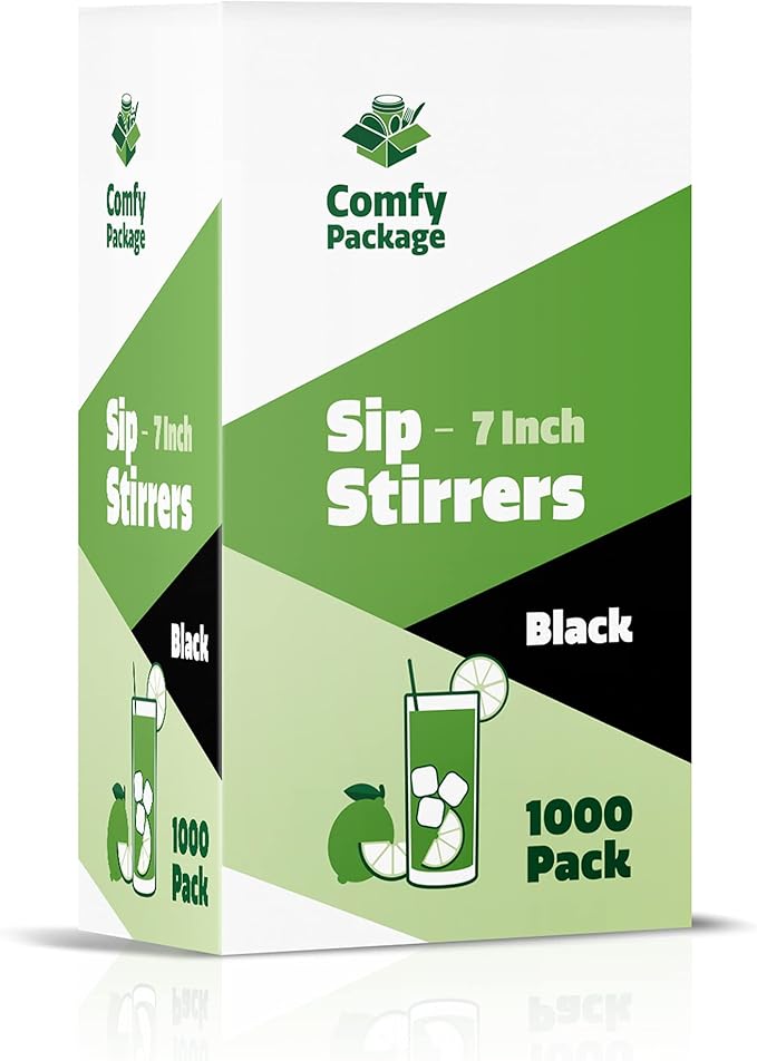 Comfy Package [7 Inch - Case of 10,000] Black Coffee Drink Stirrers & Cocktail Straws - Disposable Plastic Sip Stir Sticks for Hot & Cold Beverages