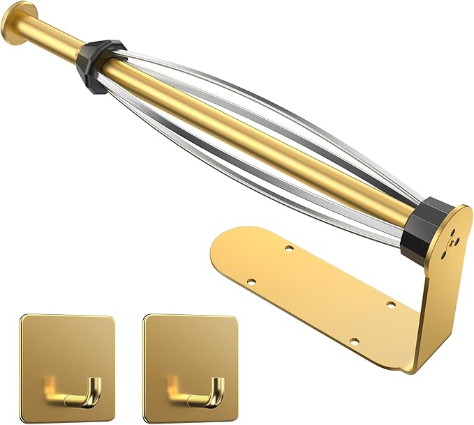 Paper Towel Holder Under Cabinet with 2 Hooks, Paper Towel Holder Wall Mount with Damping Effect, Self-Adhesive or Drilled Paper Roll Holders for Kitchen, Bathroom, RV(Gold)