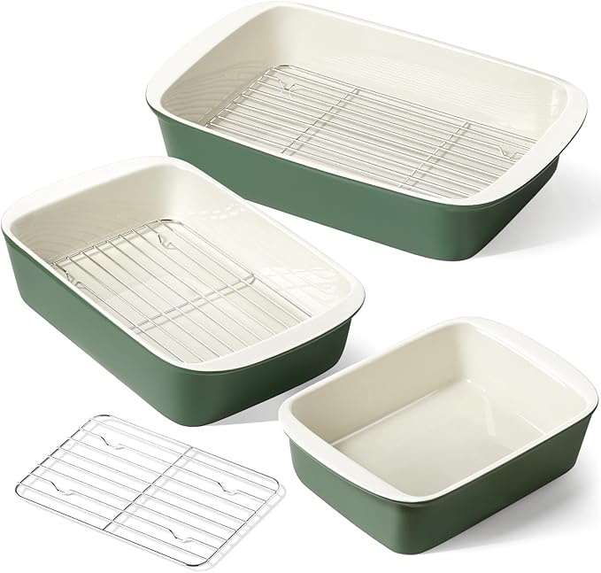 LE TAUCI Deep Casserole Dishes for Oven, 13.7”x9.6” Ceramic Baking Dish Set with Roasting Racks, Large Lasagna Pans with Handles, Rectangular Bakeware as Gift for Mom, Forest Green (4.6QT/3.0QT/1.6QT), Set of 3