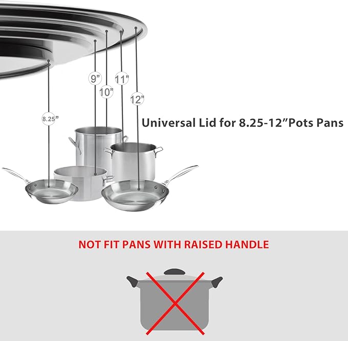 Universal Lid for Pots Pans and Skillets - One Lid Fits All 8.25-12 Inch Pots Frying Pans Skillets Woks, Replacement Pot Lid with Upgraded Heavy Duty Heat Resistant Silicone Handle, Gray