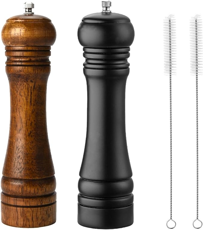 Wooden Pepper Mill Set Salt Black Pepper Grinder Kit Manual Mills Solid with Strong Adjustable Ceramic Grinders 2 Piece 8 Inches