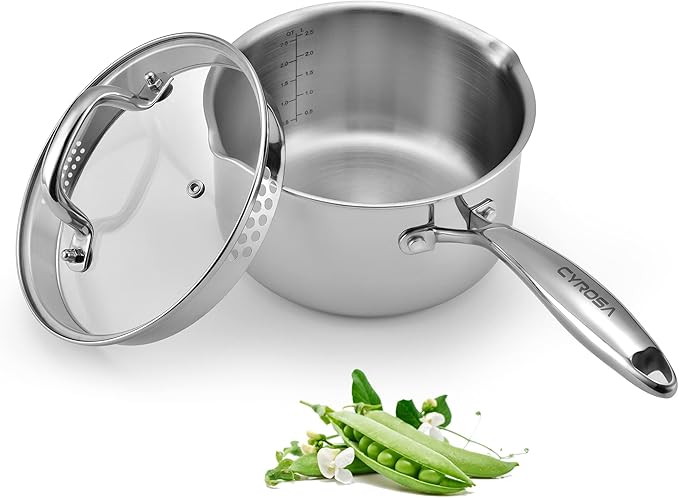 Stainless Steel Saucepan with Tempered Glass Lid, 2.5 Quart Multipurpose Cooking Pot, Sauce Pot for Easy Pour with Ergonomic Handle
