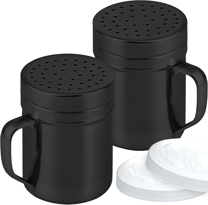 CUSINIUM 10oz Black Stainless Steel Salt Pepper Dredge Shakers - With Plastic Cap - With Handle - Pack of 2