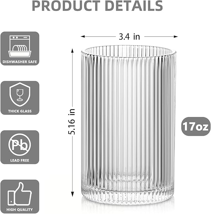INSETLAN 17oz Ribbed Glassware Set of 4, Glass Cups Large Vintage Glassware Set, Origami Style Cocktail Glasses, Ideal for Beer, Juice, Water, Ice Coffee Cup, Whiskey