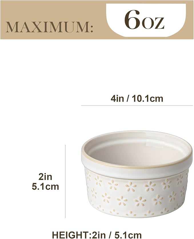 MALACASA Ramekins 6 Oz Oven Safe, Ceramic Creme Brulee Souffle Dishes, Pudding Custard Cups Ramekin For Baking, Small Dipping Sauce Bowls, Set of 4, Microwave and Dishwasher Safe, Arctic White