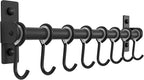 Dseap Kitchen Utensil Holder Hanger, Pot and Pan Rack Wall Mount, Kitchen Rail with 8 Hooks for Hanging Cooking Utensils, Mugs, Spoons, Wall Mounted, Stainless Steel, Black