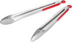 304 Stainless Steel Kitchen Cooking Tongs, 12" and 14" Set of 2 Sturdy Grilling Barbeque Brushed Locking Food Tongs with Ergonomic Grip, Red