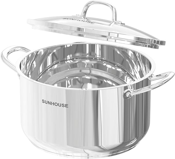 SUNHOUSE Stainless Steel Stock Pot - 13 Quart Heavy-Duty Induction Cooking Pot with Visible Lid for Pasta, Soup, Spaghetti - Nonstick Thick-Bottom Deep Stockpot for Canning, Boiling, and Simmering