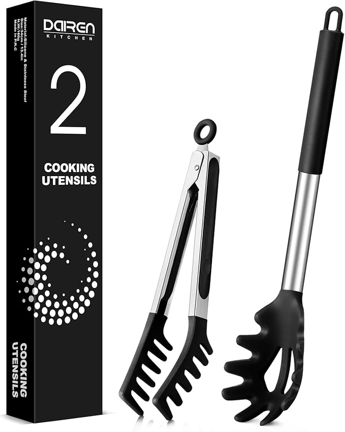 Spaghetti Spoon and Pasta Tong, Non-stick Silicone Spoon Server Fork with teeth and Stainless Steel Handle Spaghetti Tong, Food Clip for Spaghetti Noodle (BLACK)