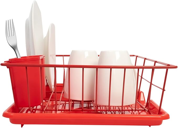 Sweet Home Collection Space-Saving 3-Piece Dish Drainer Rack Set: Efficient Kitchen Organizer for Quick Drying and Storage - Includes Cutlery Holder and Drainboard - Maximize Countertop Space, Red