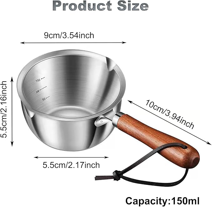 Butter Warmer Pot, Stainless Steel Milk Warmer with Wooden Handle for Seafood, Mini Butter Melting Pot Small Saucepan with Dual Pour Spouts for Stove Top Cooking (150ml)