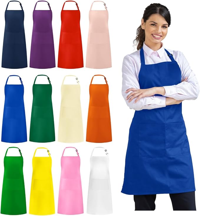 Syntus 12 Pack Bib Apron, Unisex Aprons Adjustable Waterdrop Resistant with 2 Pockets Cooking Kitchen Apron for Chef, BBQ Drawing Apron Bulk, Multi-Color