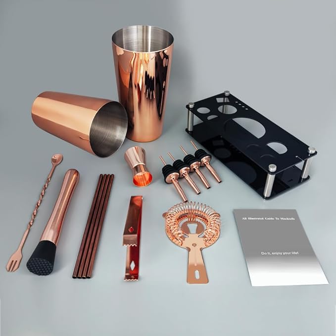 Professional Cocktail Shaker Set with Stand Cocktail Recipes, 15-Piece 750/600ml Bartender Kit, Bar Sets Bartending Kit Bar Tool Set 25/20oz Boston Shakers, Jigger, Muddler (Rose Gold)