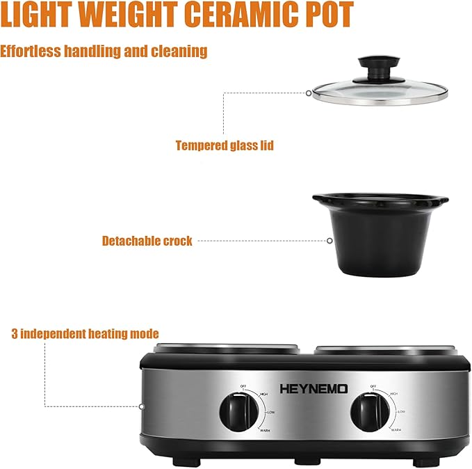Double Slow Cooker, Buffet Servers and Warmers, Dual 2 Pot Slow Cooker Food Warmer, Adjustable Temp Dishwasher Safe Removable Ceramic Pot Glass Lid, 2 x 1.25 QT Portable Small Crock Cooker