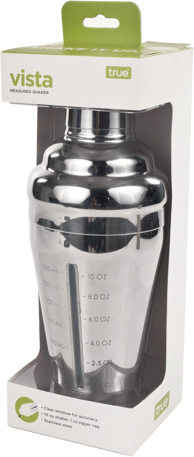 True Vista Stainless Steel Cocktail Shaker with Measurements for Cold Brew Cocktails, Whiskey Sour, Espresso Martini Shaker, Home Bar Essentials, Bar Cart Accessories, Bartender Gifts, 14oz, Set of 1