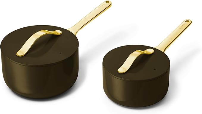 Caraway Nonstick Ceramic Sauce Pans with Lids (3 qt & 1.75 qt) - Non Toxic, PTFE & PFOA Free - Oven Safe & Compatible with All Stovetops (Gas, Electric & Induction) - Black