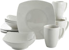 Gibson Home Amelia Court Porcelain Chip and Scratch Resistant Dinnerware set, Service for 4 (12pcs), White (Soft Square)