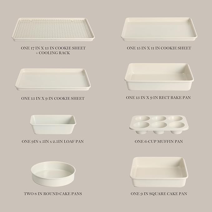 Martha Stewart Gallen 10 Piece Baking Pans Ceramic PFA Free Non Toxic Non Stick Bakeware Set - Linen White