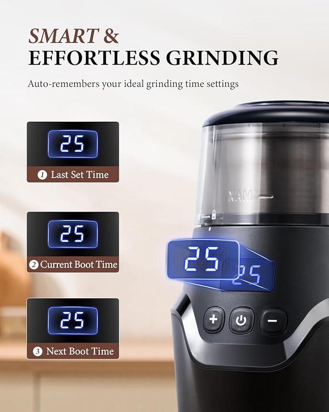 SHARDOR Adjustable Coffee Grinder Electric, Super Silent Electric Coffee Bean Grinder with Time-Memory Adjustment and Multi-Functional Stainless Steel Cup for Spices, Herbs, and Nuts Grinding, Gray