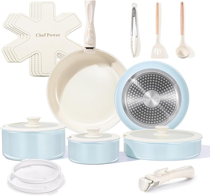 Chef Power Ceramic Nonstick Pots and Pans Set 19 Piece with Detachable Handle, Induction Dishwasher Oven Safe Cookware Set, RV Kitchen Set Removable Handle (Light Blue)