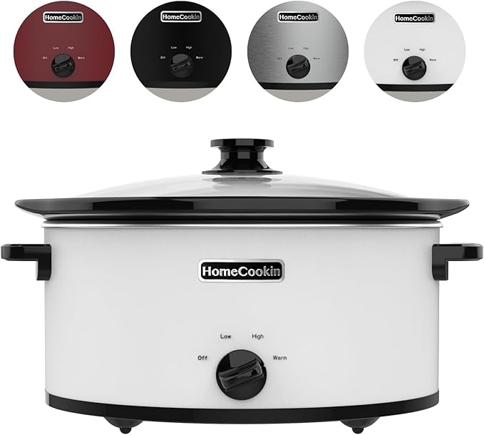 HOMECOOKIN 6 Quart Slow Cooker Oval Manual Pot Food Warmer with 3 Cooking Settings, White Stainless Steel