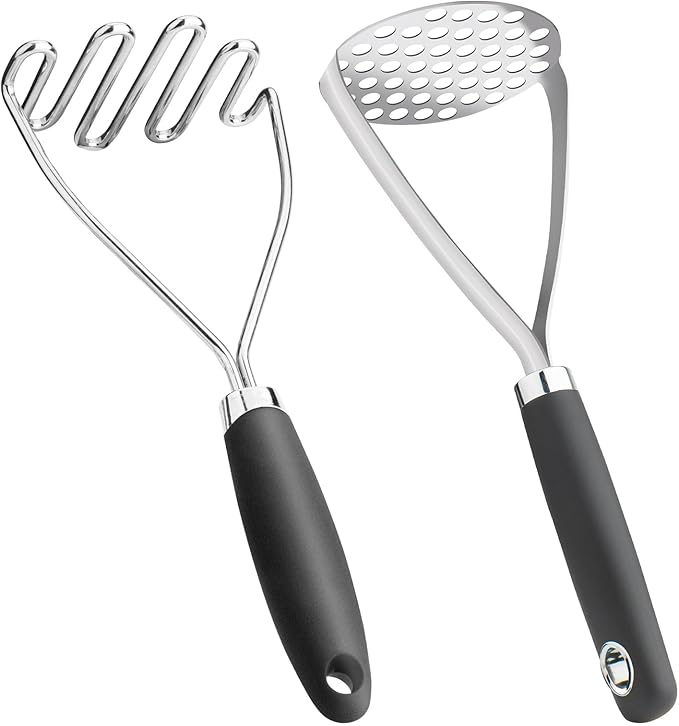Potato Masher Set of 2 Pieces, 10.25-Inch Stainless Steel Wire Mashed Potato Masher, Kitchen Gourmet Making Tools Professional Integrated Honeycomb, For Vegetable, Fruit, Melon, Potato Etc, Black
