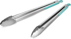 304 Stainless Steel Kitchen Cooking Tongs, 14" and 16" Set of 2 Sturdy Grilling Barbeque Brushed Locking Food Tongs with Ergonomic Grip, Aqua Sky