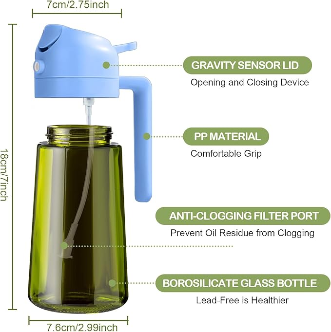YARRAMATE 16oz/470ml Dark Green Oil Sprayer for Cooking with Stickers, Food-grade Premium 2 in 1 Olive Oil Dispenser Bottle for Kitchen Gadgets, Air Fryer, Salad, Frying, BBQ (SkyBlue)