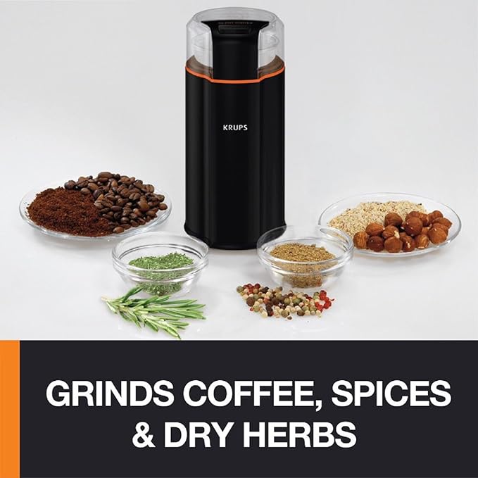 KRUPS Silent Vortex Electric Coffee Grinder: 3 oz Capacity, 5x Quieter, 175W Motor for Coffee Beans, Spices & Herbs - Removable Dishwasher-Safe Bowl, 12-Cup Yield, Black