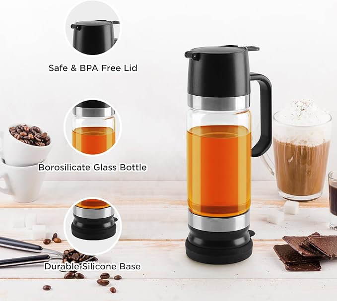 Aelga Coffee Syrup Dispenser, Honey Dispenser, 12 OZ Glass Syrup Bottles with Handle, No Drip Pouring, Coffee Bar Accessories for Coffee and Tea, Black 2 Pack