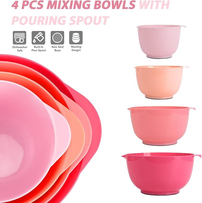 BoxedHome Classic Mixing Bowl Set, BPA Free Plastic, Microwave and Dishwasher Safe (Set of 4, Pink), 4.5 quarts
