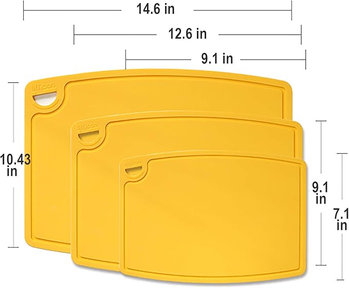 Liflicon Silicone Thick Cutting Boards Mats Set of 3pcs Foldable & Flexible Design Juice Grooves Easy Grip Handle Dishwasher Safe for Kitchen,BPA free Silicone Cutting Mats-Yellow