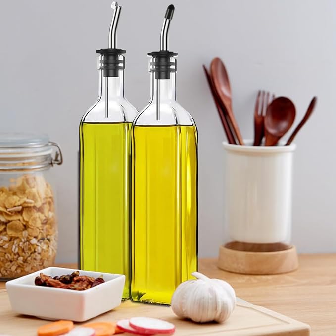 Leaflai Olive Oil Dispenser Bottle, 2 Pcs Glass Olive Oil Dispenser and Vinegar Dispenser Set with 2 Stainless Steel Pourers, 4 Labels,1 Brush and 1 Funnel Oil Bottles for Kitchen (500ml)