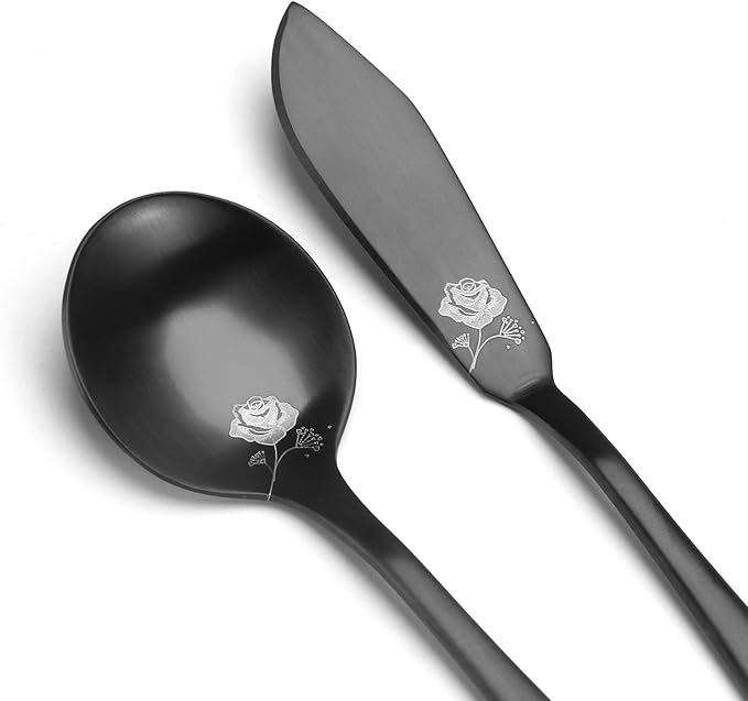 Matte Black Serving Set, sharecook 5-Piece 18/0 Stainless Steel Large Hostess Set with Round Edge, Satin Finished, Dishwasher Safe -Spoons, Forks,Butter Knife& Slotted Spoon