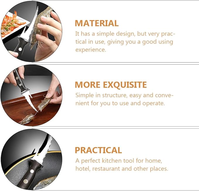ibasenice Shrimp Line Peeler and Cutter with Wood Handle, Stainless Steel Seafood Deveining Tool for Shelling Shrimp and Cleaning Fish Maw, Kitchen Specialty Gadget for Seafood Preparation