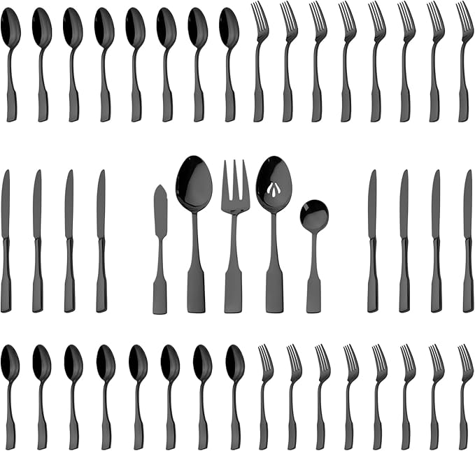 Alata Kate Black Mirror 45-Piece Silverware With Utensil-Serving Set, Service for 8, Stainless Steel Flatware, Mirror Polished Cutlery, Dishwasher Safe