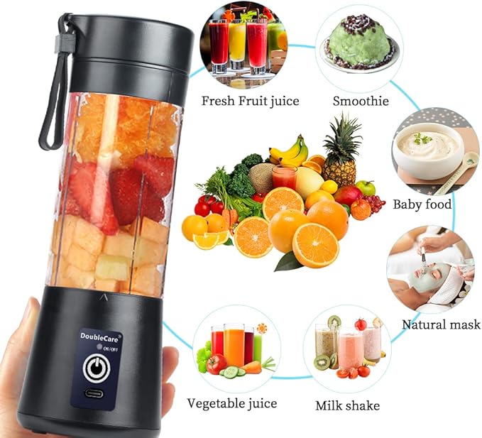Portable Blender Cup,Electric USB Mini Juicer Blender For Shakes and Smoothies, Juice,380ml, Six Blades Great for Mixing,Black