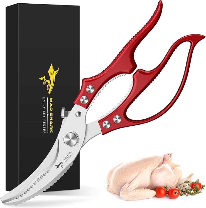 MAD SHARK Professional Heavy Duty Poultry Shears - Kitchen Shears for Spatchcocking Chicken and Meat Cutting, Multi-Purpose Kitchen Scissors for Food, Spring-loaded (Red)