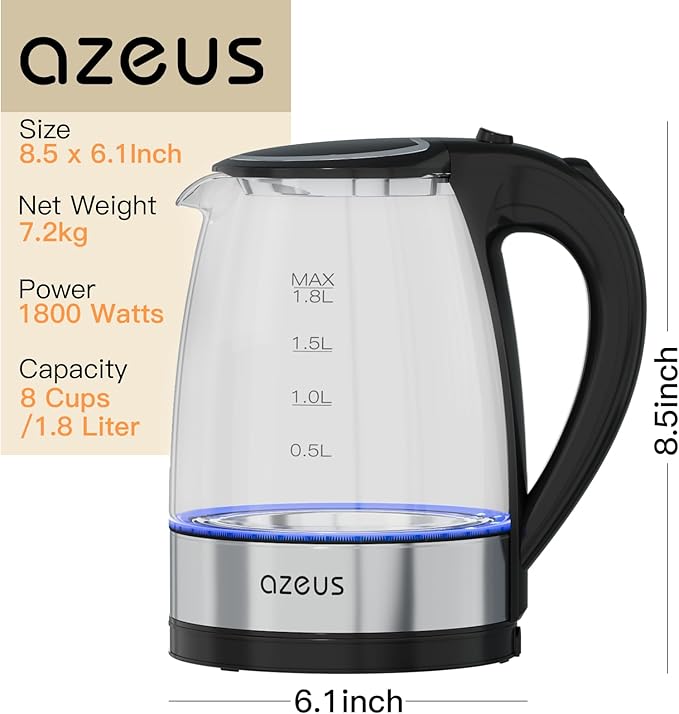 Azeus 1.8L Electric Kettle CX-817 - Fast Boil, Auto Shut-Off, Boil-Dry Protection, 360° Swivel Base - Stainless Steel Water Boiler for Tea, Coffee, and Hot Water